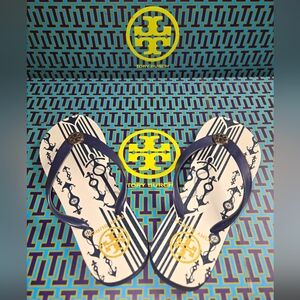 Tory Burch Blue and White Patterned Flip Flops